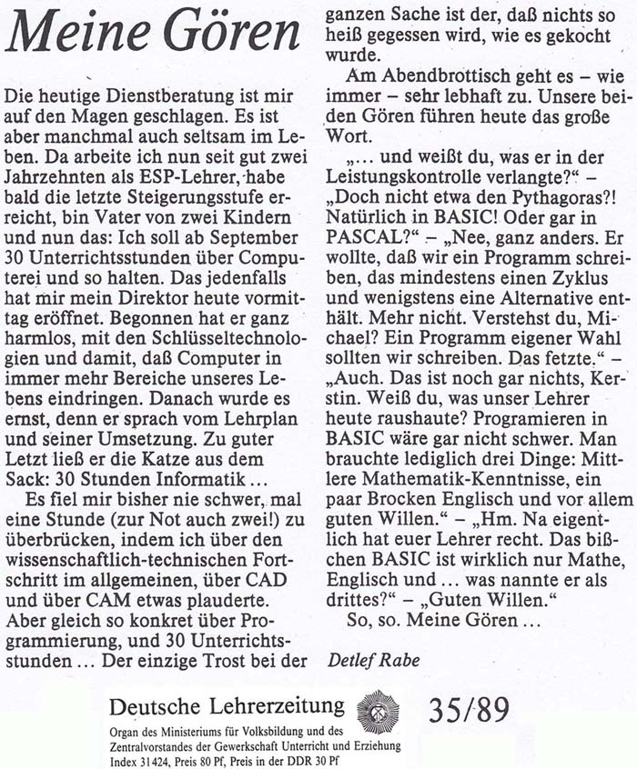 ein Artikel in der Lehrerzeitung: Meine Gören