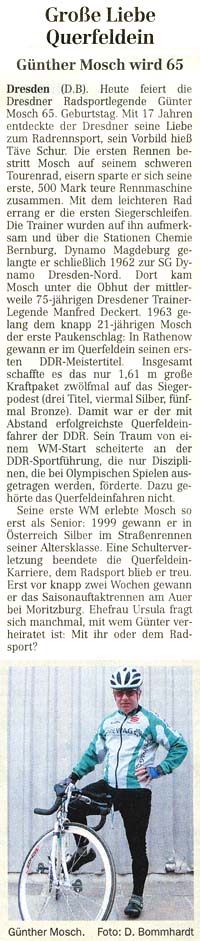 Der dreifache DDR-Meister im Querfeldeinfahren Günter Mosch wird 65.