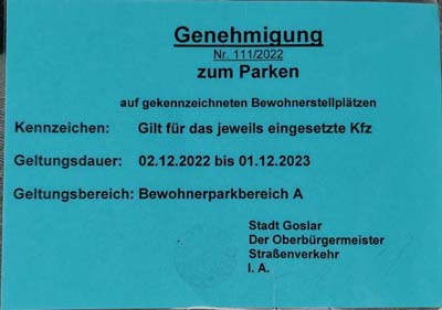 Vorderseite der Parkkarte in Goslar 2023