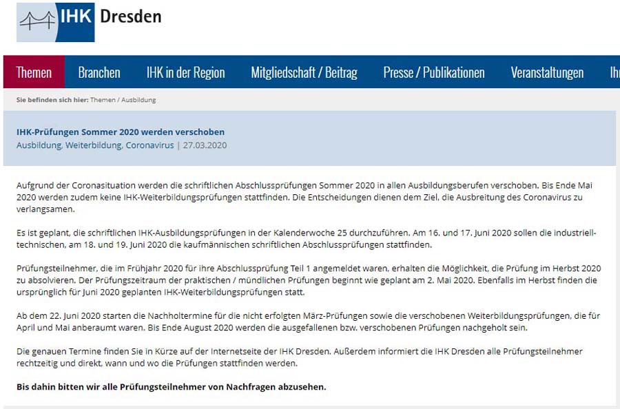 die Corona-Meldung der IHK vom 27. März 2020