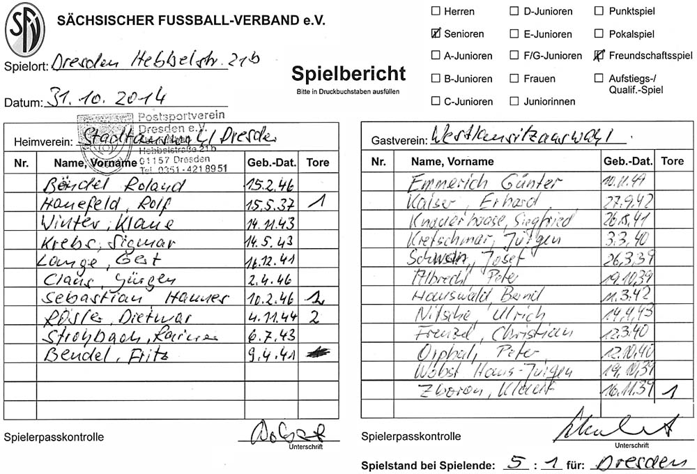 das Spielprotokoll für das Spiel der Altsenioren Ü 70 am 31. Oktober 2014