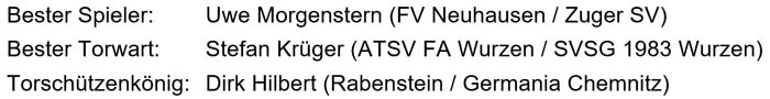 Bester Spieler: Mario Oster (Riesa), Bester Torwart: Detlef Schwirz (Neuhausen / Zug), Torschützenkönig: Dirk Hilbert (Rabenstein / Chemnitz)