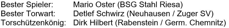 Bester Spieler: Mario Oster (Riesa), Bester Torwart: Detlef Schwirz (Neuhausen / Zug), Torschützenkönig: Dirk Hilbert (Rabenstein / Chemnitz)