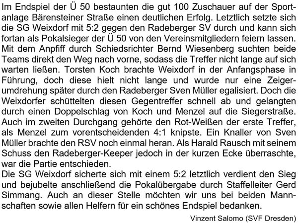 Text zum Pokalendspiel der Ü 50 am 19. Mai 2023