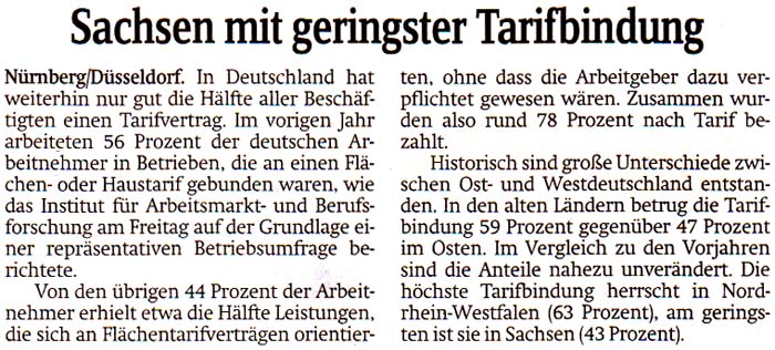 Sachsen mit geringster Tarifbindung