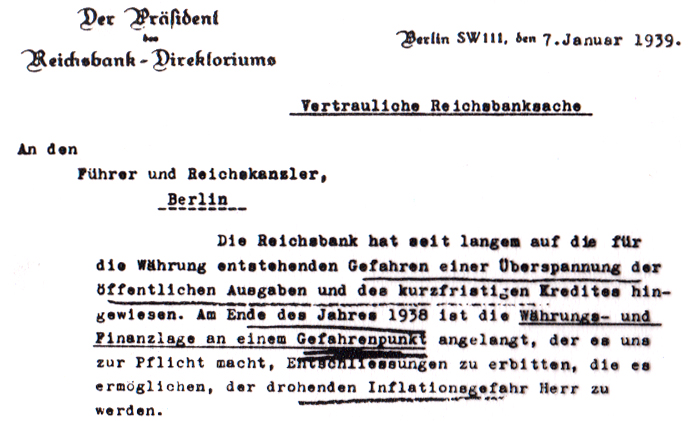 Brief der Reichsbank vom 7.1.1939 an den FÃ¼hrer und Reichskanzler
